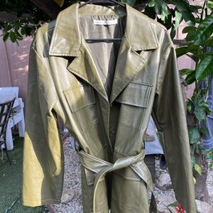 Olive Green Faux Leather Belted Trench Coat - Women